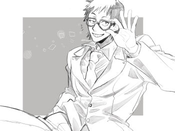 1boy a_nzi_end adjusting_eyewear boku_no_hero_academia collared_shirt commentary_request glasses greyscale grid_teeth grin highres jacket long_sleeves looking_at_viewer male_focus monochrome necktie sero_hanta shirt short_hair sitting smile solo