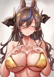 Rule 34 | 1girl, animal ears, bare shoulders, bikini, blue hair, breasts, brown hair, brown horns, closed eyes, closed mouth, commentary request, extra ears, facing viewer, food, galleon (granblue fantasy), gold bikini, granblue fantasy, hair between eyes, hair ornament, hat, heart, heart hands, highres, himuro shunsuke, horns, large breasts, long hair, multicolored hair, pointy ears, smile, solo, streaked hair, swimsuit, underboob, upper body, white hat