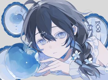 1girl ahoge ameyui_komori apple apple_hair_ornament bare_shoulders bitten_apple black_hair blue_eyes blue_hair braid closed_mouth commentary_request cropped_shoulders crossed_bangs detached_sleeves double-parted_bangs expressionless fingernails flower food food-themed_hair_ornament food_bite frilled_shirt frilled_sleeves frills fruit grey_background hair_between_eyes hair_flower hair_ornament hair_over_shoulder hand_up highres leaning_forward light_frown long_hair long_sleeves looking_at_viewer mirror multicolored_hair original pale_skin puffy_long_sleeves puffy_sleeves shirt side_braid simple_background single_braid sleeveless sleeveless_shirt solo streaked_hair twitter_username two-tone_hair white_flower white_shirt white_sleeves