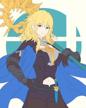1girl alternate_color alternate_eye_color alternate_hair_color armor axe aymr_(fire_emblem) black_armor black_pantyhose blonde_hair blue_cape blue_eyes bodice breasts bustier cape closed_mouth clothing_cutout dagger female_byleth_(fire_emblem) fire_emblem fire_emblem:_three_houses hair_between_eyes highres holding holding_axe knife large_breasts long_hair looking_at_viewer midriff navel navel_cutout nintendo over_shoulder pantyhose pantyhose_under_shorts sheath sheathed shorts smile solo super_smash_bros. truejekart vambraces weapon