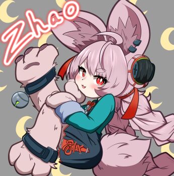 1girl accessories animal_ear_fluff animal_ears blush braid bright_pupils highres long_hair looking_at_viewer medallion o-ring_necktie open_mouth piercing pink_fur pink_hair rabbit_ears rabbit_girl red_eyes screw solo tatsu_(hukkatsu) thick_eyebrows zenless_zone_zero zhao_(zenless_zone_zero)