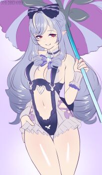 1girl absurdres bow bowtie clothing_cutout frilled_one-piece_swimsuit frills highres holding holding_umbrella mole mole_under_eye official_alternate_costume one-piece_swimsuit parasol pointy_ears purple_bow purple_bowtie purple_umbrella sideboob_cutout solo stomach_cutout swimsuit umbrella vivian_banshee vivian_banshee_(iris_of_the_shore) youndinasiix zenless_zone_zero
