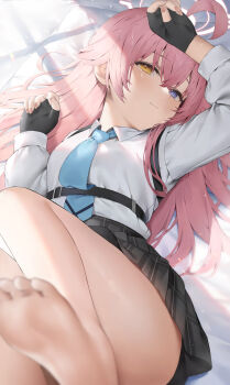 1girl absurdres ahoge aqua_necktie arm_up ass bare_legs barefoot bed_sheet black_skirt blue_archive blue_eyes blush breasts chest_harness feet fingerless_gloves fingernails foot_focus gloves halo harness heterochromia hibimaru highres hoshino_(blue_archive) leg_up light_smile looking_at_viewer lying nail_polish necktie on_back pink_hair plaid_clothes plaid_skirt pleated_skirt school_uniform shirt skirt small_breasts soles solo toes white_shirt window_shadow yellow_eyes