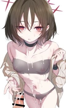 1boy 1girl bar_censor black_choker black_hair blue_archive bodypaint breasts brown_shirt censored choker cowboy_shot cum cum_on_body cum_on_hands cum_on_stomach erection hair_between_eyes halo hetero highres looking_at_viewer misaki_(blue_archive) misaki_(swimsuit)_(blue_archive) navel nipples nude open_clothes open_shirt painted_clothes parted_lips penis red_eyes red_halo shirt short_hair simple_background small_breasts solo_focus stomach uko_magi white_background