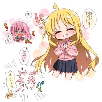 2girls @_@ ahoge alternate_hairstyle black_skirt blonde_hair blue_eyes blush bocchi_the_rock! bow bowtie chibi chibi_inset chibi_only chika_(06chimika13) closed_eyes commentary_request cosplay costume_switch cube_hair_ornament gotoh_hitori green_jacket grin hair_ornament hairstyle_switch hood hood_down hooded_jacket ijichi_nijika jacket long_hair long_sleeves looking_at_another multiple_girls open_mouth pink_hair pink_jacket pleated_skirt polka_dot polka_dot_bow polka_dot_bowtie red_bow red_bowtie red_eyes side_ponytail sidelocks skirt smile speech_bubble teeth track_jacket translation_request zipper zipper_pull_tab