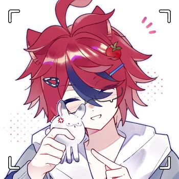 Rule 34 | 1boy, ^ ^, ahoge, anger vein, animal ears, animalization, aotsuki eito, black-framed eyewear, black hair, blush, cat ears, closed eyes, commentary, eyes visible through hair, food-themed hair ornament, glasses, grey jacket, hair ornament, hair over one eye, hairclip, highres, hood, hood down, hoodie, jacket, jacket over hoodie, male focus, multicolored hair, notice lines, portrait, rabbit, red hair, short hair, smile, streaked hair, sumino takumi, symbol-only commentary, teardrop-framed glasses, the hundred line -last defense academy-, tomato hair ornament, tsurime, two-tone hair, variant set, viewfinder, white-framed eyewear, white background, white hoodie, yizooo