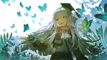 2girls :d ascot au_ra blue_butterfly bug butterfly dragon_girl dragon_horns eos_(ff14) fairy final_fantasy final_fantasy_xiv fingerless_gloves foliage gloves hat highres horns insect mini_hat mini_person minigirl monocle mortarboard multiple_girls open_mouth scholar_(final_fantasy) smile somok teeth upper_body upper_teeth_only warrior_of_light_(ff14) white_ascot white_hair white_scales yellow_eyes