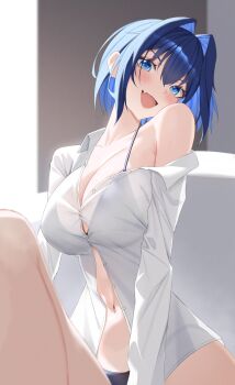 1girl :d absurdres bikini bikini_under_clothes black_bikini blue_eyes blue_hair blurry blurry_background breasts button_gap cleavage collared_shirt colored_inner_hair commentary day dress_shirt fang grin hair_intakes head_tilt highres hololive hololive_english indoors knee_up large_breasts looking_at_viewer multicolored_hair navel open_mouth ouro_kronii partially_unbuttoned shirt short_hair single_off_shoulder sitting skin_fang smile solo string_bikini swimsuit virtual_youtuber white_shirt yubbiidraw