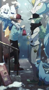 Rule 34 | 2boys, absurdres, bare tree, black hat, black pants, black scarf, blue jacket, brown hair, commentary request, from side, gen 4 pokemon, gen 5 pokemon, glaceon, green hair, green shoes, hand up, hat, highres, hilbert (pokemon), holding, hood, hood down, hooded jacket, jacket, kyurem, legendary pokemon, long hair, long sleeves, male focus, multiple boys, n (pokemon), night, nintendo, outdoors, pants, pokemon, pokemon (creature), pokemon bw, red shoes, scarf, shoes, short hair, snowing, standing, tarai (yamadarairai), tree, vanilluxe, white kyurem