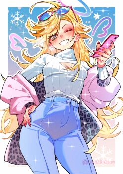 Rule 34 | 1girl, absurdres, angel, blonde hair, blue background, blue eyes, blue pants, breasts, cellphone, cleavage, cleavage cutout, clothing cutout, commentary, earrings, english commentary, eyewear on head, halo, highres, jacket, jewelry, long hair, looking at viewer, medium breasts, pants, panty &amp; stocking with garterbelt, panty (psg), phone, ribbed shirt, sachichuu, shirt, smartphone, smile, snowflakes, snowing, solo, sunglasses, traditional halo, twitter username, watermark, white background, white shirt