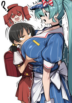 3girls ? age_difference alternate_breast_size_(larger) apron backpack bag between_breasts blue_dress blue_hair bow breasts choker collarbone cuffs disembodied_head dress face_between_breasts geulimykun_(skbyunea413) gigantic_breasts grabbing_another's_breast groping hair_between_eyes hat hatsune_miku head_between_breasts height_difference jitome kaai_yuki kasane_teto kepi lapels large_breasts loli long_hair mesmerizer_(vocaloid) military_hat multiple_girls name_tag open_mouth pearl_hair_ornament red_dress red_eyes red_hair school_uniform sharp_teeth short_sleeves striped_clothes tearing_up tears teeth twintails visor_cap waitress waitress_uniform white_apron white_cuffs yellow_eyes