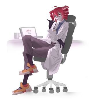 1girl absurdres ahoge belt black-framed_eyewear black_gloves black_socks blue_necktie blue_shirt brown_belt brown_pants cannnonfoddder chair closed_mouth coat collared_shirt commentary_request computer crossed_legs cup desk double-parted_bangs drill_hair full_body glasses gloves hair_between_eyes half-closed_eyes hand_on_own_opposite_hip hand_up highres holding holding_pen igaku_(utau) kasane_teto kasane_teto_(sv) lab_coat laptop long_sleeves looking_at_viewer necktie office_chair on_chair open_clothes open_coat orange_shoes pale_skin pants pen pen_to_mouth rectangular_eyewear red_eyes red_hair shirt shoes short_hair sidelighting simple_background sitting sneakers socks solo swivel_chair synthesizer_v twin_drills utau white_background white_coat