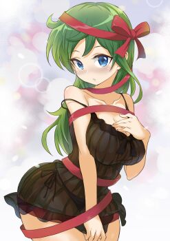 1girl absurdres black_negligee black_panties blue_eyes breasts cleavage commentary_request green_hair hand_on_own_chest highres jikkyou_powerful_pro_yakyuu large_breasts lingerie long_hair looking_at_viewer negligee nozaki_iori panties pawahotel3021 power_pro_kun_pocket power_pro_kun_pocket_9 red_ribbon ribbon solo underwear