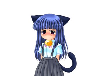 1girl animal_ears arms_at_sides arms_behind_back bell black_ears black_skirt black_tail blue_hair bow bowtie cat_ears cat_tail closed_mouth embarrassed eyes_visible_through_hair fake_animal_ears fake_tail furude_rika game_cg higurashi_no_naku_koro_ni hime_cut jingle_bell long_hair no_nose pink_bow pink_bowtie purple_eyes ryukishi07 shirt skirt suspender_skirt suspenders tail variant_set white_shirt