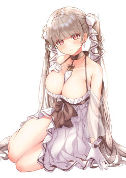 1girl absurdres alternate_costume azur_lane between_breasts black_choker black_ribbon blunt_bangs blush breasts choker classic_(zildjian33) cleavage closed_mouth collarbone detached_sleeves dress earrings formidable_(azur_lane) frilled_dress frills full_body gem gloves grey_hair hair_ribbon highres jewelry large_breasts light_smile long_hair looking_at_viewer necktie necktie_between_breasts pearl_earrings red_eyes ribbon see-through_clothes see-through_sleeves simple_background sitting solo stud_earrings thighs twintails two-tone_dress two-tone_ribbon very_long_hair white_background white_dress white_gloves white_ribbon