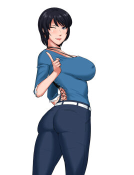1girl ass black_hair blue_eyes breasts denim covered_erect_nipples fatal_frame fatal_frame_iii:_the_tormented female_focus jeans kurosawa_rei large_breasts lips lipstick looking_at_viewer makeup ml mole mole_under_eye one_eye_closed pants short_hair smile solo thighs tight_clothes tight_pants