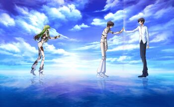 1girl 2boys black_pantyhose bodysuit breasts c.c. code_geass code_geass:_fukkatsu_no_lelouch code_geass:_lost_stories crying dual_persona full_body game_cg green_hair highres long_hair medium_breasts multiple_boys non-web_source official_art pantyhose shirt white_bodysuit white_shirt yellow_eyes