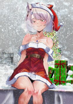 absurdres animal_ears bare_shoulders bob_cut cat_ears cat_girl chest_jewel christmas_present christmas_tree commentary dress english_commentary fukou gift green_eyes hat highres looking_at_viewer mio_(xenoblade) naughty_face santa_costume santa_dress santa_hat snowing thighs white_hair winter xenoblade_chronicles_(series) xenoblade_chronicles_3