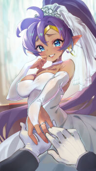 1girl bare_shoulders blue_eyes blurry blurry_background blush breasts bridal_gauntlets cleavage commentary commission cowboy_shot dark-skinned_female dark_skin dress english_commentary happy_tears highres jewelry large_breasts life_is_pi long_hair looking_at_viewer pointy_ears ponytail pov pov_hands purple_hair ring shantae shantae_(series) solo_focus strapless strapless_dress tears very_long_hair wedding wedding_dress white_dress
