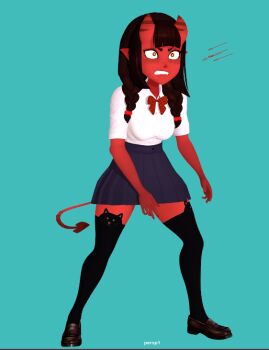 1girl 3d angry bow bowtie braid colored_skin demon_girl demon_horns demon_tail freckles horns loafers meruccubus_(merunyaa) merunyaa mole mole_under_eye nail_polish original pointy_ears red_skin school_uniform shoes skuddbutt solo tail thighhighs yellow_eyes