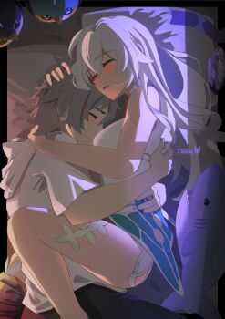 1boy 1girl bare_arms bare_shoulders bed between_breasts bird black_pants blush breasts caelus_(honkai:_star_rail) closed_eyes closed_mouth commentary drooling firefly_(honkai:_star_rail) grey_hair head_between_breasts highres holding holding_another's_waist honkai:_star_rail honkai_(series) hood hood_down hoodie hug knightfury long_hair on_bed open_mouth pants pillow shark shirt short_hair short_sleeves sleeping sleeveless smile stuffed_animal stuffed_toy trailblazer_(honkai:_star_rail) twitter_username white_hoodie white_shirt
