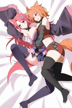 2girls absurdres animal_ears arms_behind_back asymmetrical_docking blue_eyes breast_press commission commissioner_upload fingerless_gloves fox fox_ears fox_tail fox_tamer_(sakura_dungeon) gloves hand_on_another&#039;s_face hand_on_another&#039;s_stomach highres hsk10107 japanese_clothes kimono lying miniskirt multiple_girls non-web_source on_bed orange_hair pink_hair sakura_dungeon skirt smug tail thighhighs yellow_eyes yomi_(sakura_dungeon) yuri