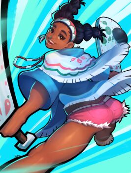 Rule 34 | 1girl, artist name, bead necklace, beads, blue background, blue coat, braid, brown eyes, coat, commentary, dark-skinned female, dark skin, dual wielding, earrings, english commentary, estyy, fringe trim, hair tie, hairband, highres, holding, jewelry, lily hawk, looking at viewer, midriff, native american, native american clothes, necklace, open mouth, pink shorts, short shorts, shorts, smile, solo, street fighter, street fighter 6, tassel, tassel earrings, thighs, twin braids