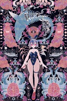 1girl absurdres asymmetrical_wings bare_shoulders black_choker black_hair boku_(isizakitakasi) brain breasts bright_pupils choker cleavage cow crescent eye_of_providence fish fishnet_pantyhose fishnets halo highres holding holding_polearm holding_weapon houjuu_nue leotard moon_phases pantyhose planetary_ring playboy_bunny polearm purple_nails red_eyes red_shoes shoes short_hair solo star_(symbol) strapless strapless_leotard suction_cups tentacles touhou tractor_beam trident ufo weapon whale white_pupils wide_shot wings wrist_cuffs