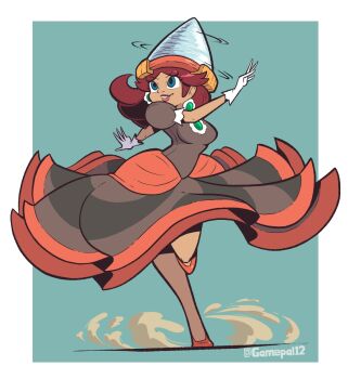 1girl black_dress blue_background blue_eyes breasts brooch brown_hair dress drill drill_daisy dust earrings flipped_hair flower_brooch flower_earrings frilled_dress frills full_body gamepal gloves grin hat highres jewelry legs lips mario_(series) nintendo orange_dress orange_shoes parted_bangs princess_daisy puffy_short_sleeves puffy_sleeves shoes short_sleeves simple_background smile solo spinning super_mario_bros._wonder twitter_username two-tone_dress white_gloves