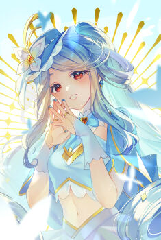 1girl absurdres blue_hair blue_nails boater_hat breasts bridal_gauntlets brooch bug butterfly butterfly_hat_ornament character_name commentary cure_eclair glove_ribbon hat_ornament heart heart_brooch highres insect jewelry lell long_hair looking_at_viewer magical_girl meitantei_precure! nail_polish navel open_mouth orange_eyes own_hands_together ponytail precure small_breasts smile solo teeth untranslatable_commentary very_long_hair wavy_hair