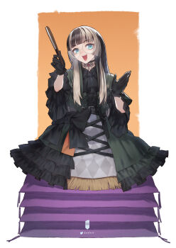 1girl ascot black_ascot black_dress black_gloves black_hair black_shirt blue_eyes blunt_bangs border center_opening choker cushion dress folded_fan folding_fan full_body glasses gloves green_dress hand_fan highres hime_cut holding holding_fan hololive hololive_dev_is jack_arms juufuutei_raden juufuutei_raden_(1st_costume) lace lace_choker long_hair long_sleeves looking_at_viewer multicolored_hair open_mouth orange_background outside_border rakugo round_eyewear shirt sitting skirt smile solo stack twitter_username two-tone_hair virtual_youtuber white_border white_hair white_skirt wide_sleeves zabuton