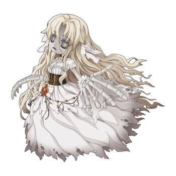 1girl black_corset blonde_hair breasts chibi chibi_only cleavage colored_skin corset dress empty_eyes full_body grey_eyes grey_skin long_dress long_hair looking_at_viewer medium_breasts official_art open_mouth ragnarok_online simple_background skeleton_hands solo tiara_(ragnarok_online) torn_clothes torn_dress transparent_background very_long_hair white_dress yuichirou