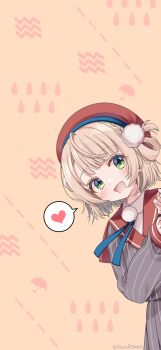 1girl :d absurdres ahoge blonde_hair blue_eyes blue_ribbon blunt_bangs blush bob_cut braid collar collared_shirt commentary_request cowboy_shot dotted_line dress_shirt green_eyes green_pupils grey_jacket grey_skirt hair_ornament hair_rings haruki_(colorful_macaron) hat heart highres indie_virtual_youtuber jacket leaning_to_the_side long_sleeves looking_at_viewer miniskirt multicolored_eyes neck_ribbon nose open_mouth orange_background peeking_out pinstripe_jacket pinstripe_pattern pinstripe_skirt pleated_skirt pom_pom_(clothes) pom_pom_hair_ornament raised_eyebrows red_sailor_collar ribbon sailor_collar school_uniform shigure_ui_(vtuber) shigure_ui_(vtuber)_(1st_costume) shirt short_hair side_braid side_up_ring sidelocks simple_background skirt sleeve_cuffs smile solo speech_bubble split_mouth spoken_heart striped_clothes striped_shirt striped_skirt swept_bangs twitter_username two-tone_eyes vertical-striped_clothes vertical-striped_shirt vertical-striped_skirt virtual_youtuber white_shirt