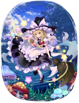 1girl apron back_bow black_shoes black_skirt black_vest blonde_hair bow braid broom broom_riding closed_mouth cloud commentary_request frilled_skirt frills full_body hair_bow hat hat_bow highres kirisame_marisa long_hair looking_at_viewer mary_janes mini-hakkero mushroom outdoors puffy_short_sleeves puffy_sleeves red_bow sasami_(shiroi_fuwafuwa) shoes short_sleeves side_braid signature single_braid skirt smile socks solo star_(symbol) touhou vest waist_apron white_apron white_bow white_socks witch_hat