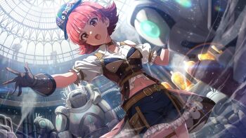 1girl belt frilled_shorts frills game_cg gloves hat holding idolmaster idolmaster_million_live! idolmaster_million_live!_theater_days navel nonohara_akane official_art open_mouth railing red_eyes red_hair robot short_shorts shorts steam