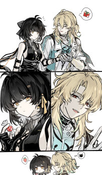 1boy 1girl absurdres akiko54124 black_bow black_dress black_hair blonde_hair bow breasts candy closed_eyes closed_mouth commentary cross-laced_clothes cross-laced_dress dress eating facing_another female_rover_(wuthering_waves) food gloves hair_between_eyes hair_bow hair_ribbon hand_up highres holding holding_candy holding_food long_hair looking_at_another luuk_herssen_(wuthering_waves) medium_breasts ribbon rover_(wuthering_waves) sleeveless sleeveless_dress smile symbol-only_commentary white_gloves wuthering_waves yellow_eyes yellow_ribbon