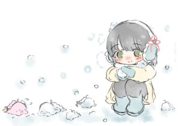 Rule 34 | 1girl, :3, ahoge, animal, animal focus, animal with hair, animalization, anyoji hime, anyoji hime (seal), anyozarashi kansoku ki, black hair, black pantyhose, blue boots, blunt bangs, blush, bob cut, boots, character snowman, closed mouth, commentary request, earmuffs, flower, flower knot, flying sweatdrops, green eyes, holding, holding snowball, link! like! love live!, love live!, momose ginko, multi-tied hair, no humans, nose blush, pantyhose, ponytail, seal (animal), short hair, smile, snow animal, snowball, snowman, solo, squatting, virtual youtuber, white flower