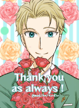 1boy blonde_hair blue_eyes bouquet closed_mouth collared_shirt commentary_request english_text floral_background flower green_jacket jacket lapel_pin lapels looking_at_viewer mahikaihuku male_focus pink_flower portrait red_flower red_rose rose shirt short_hair smile solo spy_x_family striped_background suit_jacket thank_you twilight_(spy_x_family) twitter_username very_short_hair yellow_flower
