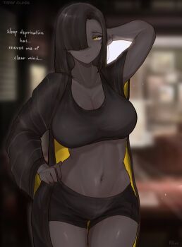 1girl belly braid breadiwe brown_robe commentary dark-skinned_female dark_skin highres limbus_company long_hair navel parted_bangs project_moon robe shorts side_braids symbol-only_commentary tank_top thighs yellow_eyes zilu_(project_moon)