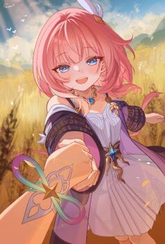 2girls blue_eyes blue_sky breasts camunekoz coat cyrene_(aedes_elysiae)_(honkai:_star_rail) cyrene_(honkai:_star_rail) cyrene_(ripples_of_past_reverie)_(honkai:_star_rail) dress dual_persona hair_ornament highres holding_hands honkai:_star_rail honkai_(series) jewelry looking_at_viewer medium_hair multiple_girls necklace outdoors pink_hair pov pov_hands purple_coat revision sky small_breasts smile wheat wheat_field white_dress