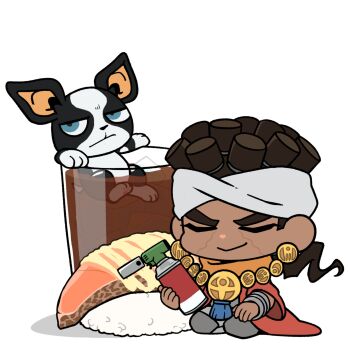 1boy animal bantu_knots blowtorch blue_eyes brown_hair chibi chibi_only closed_eyes coat commentary cup dark-skinned_male dark_skin dog earrings fish_(food) food full_body headband highres ice ice_cube iggy_(jojo) in_container in_cup jewelry jojo_no_kimyou_na_bouken kabutom_ue_shi long_sleeves looking_to_the_side male_focus mini_person miniboy mohammed_avdol nigirizushi scar scar_on_face scarf seiza sitting smile soda stardust_crusaders sushi symbol-only_commentary