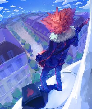 1boy black_pants blue_sky brad_(16325) coat day facing_away fingerless_gloves fur-trimmed_coat fur_trim gloves guitar holding holding_guitar holding_instrument instrument lysandre_(pokemon) male_focus music nintendo outdoors pants path playing_instrument pokemon pokemon_xy red_hair road sky solo speaker spiked_hair