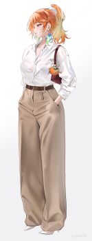 1girl absurdres bag belt bra_visible_through_clothes breasts brown_belt brown_pants closed_mouth earrings feather_earrings feathers full_body handbag hands_in_pockets high_heels high_ponytail highres hololive hololive_english jewelry large_breasts lyusiola orange_hair pants ponytail purple_eyes shirt shirt_tucked_in simple_background solo standing takanashi_kiara virtual_youtuber white_background white_shirt