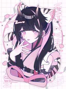 1boy :p animal_ear_fluff black_hair blunt_bangs character_name cho_kaguya-hime! commentary_request crossdressing crossdressing_(mtf) hand_up heart heart-shaped_pupils highres horns japanese_clothes kimono komazawa_noi long_hair long_sleeves looking_at_viewer male_focus masyumel_lowe multicolored_hair outline pink_background pink_eyes pink_kimono pink_nails pink_ribbon ribbon solo streaked_hair symbol-shaped_pupils tail tiger_tail tongue tongue_out trap twintails upper_body white_outline