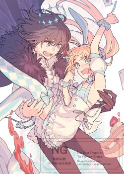 1boy 1girl animal_ear_headwear animal_ears argyle_clothes argyle_socks arm_up artoria_caster_(fate) artoria_caster_(swimsuit_berserker)_(second_ascension)_(fate) artoria_pendragon_(fate) asymmetrical_legwear black_hair blonde_hair blue_eyes cake cake_slice card carrying claws detached_sleeves fake_animal_ears fate/grand_order fate_(series) floating_hair food fur_trim green_eyes highres long_hair medium_hair mismatched_legwear oberon_(fate) oberon_(third_ascension)_(fate) playing_card princess_carry rabbit_ears shayubi shirt socks strawberry_shortcake striped_clothes striped_socks twintails two-tone_socks vertical-striped_clothes vertical-striped_socks watermark white_shirt