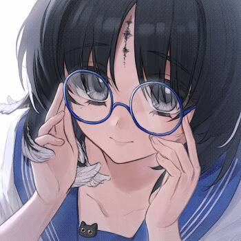 1girl bespectacled black_hair blue_sailor_collar chinese_commentary closed_mouth collarbone commentary_request feather_hair glasses highres kohane_kun looking_at_viewer portrait sailor_collar solo tacet_mark_(wuthering_waves) wuthering_waves yangyang_(wuthering_waves)