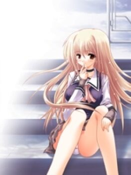 blonde_hair brown_eyes game_cg long_sleeves lowres non-web_source original panties school_uniform stairs underwear