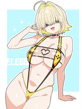 1girl asymmetrical_pasties clothing_cutout elegg_(boom_and_shock)_(nikke) elegg_(nikke) game_controller_nipples_(meme) game_controller_print goddess_of_victory:_nikke hair_over_eyes heart_cutout highres innertube looking_at_viewer matuo3232 meme one-piece_swimsuit rabbit_choker see-through_slingshot_swimsuit slingshot_swimsuit smile solo swim_ring swimsuit yellow_one-piece_swimsuit yellow_slingshot_swimsuit yellow_swimsuit