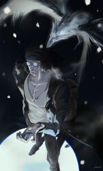 Rule 34 | 1boy, absurdres, black hair, coat, cryokinesis, curly hair, damon (damonn h), facial hair, from above, glasses, goatee stubble, highres, kuzan (aokiji), long hair, looking ahead, male focus, mature male, one piece, opaque glasses, open clothes, open coat, open hand, pants, pectoral cleavage, pectorals, shirt, snowing, solo, standing, stubble, sunglasses