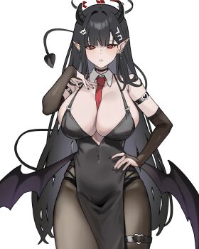 1girl arm_strap bare_shoulders black_dress black_gloves black_hair black_halo black_panties blue_archive blunt_bangs breasts bridal_gauntlets bright_pupils choker cleavage commentary_request cowboy_shot demon_girl demon_horns demon_tail demon_wings detached_collar dress ear_piercing elbow_gloves gloves hair_behind_ear hair_ornament hairclip halloween halo hand_on_own_hip heart heart_o-ring highres horns kevinlim39 large_breasts long_hair looking_at_viewer multicolored_halo necktie o-ring o-ring_arm_strap panties pantyhose parted_lips pelvic_curtain piercing pointy_ears red_eyes red_halo red_necktie revision rio_(blue_archive) solo tail two-tone_halo underwear very_long_hair white_background white_pupils wings